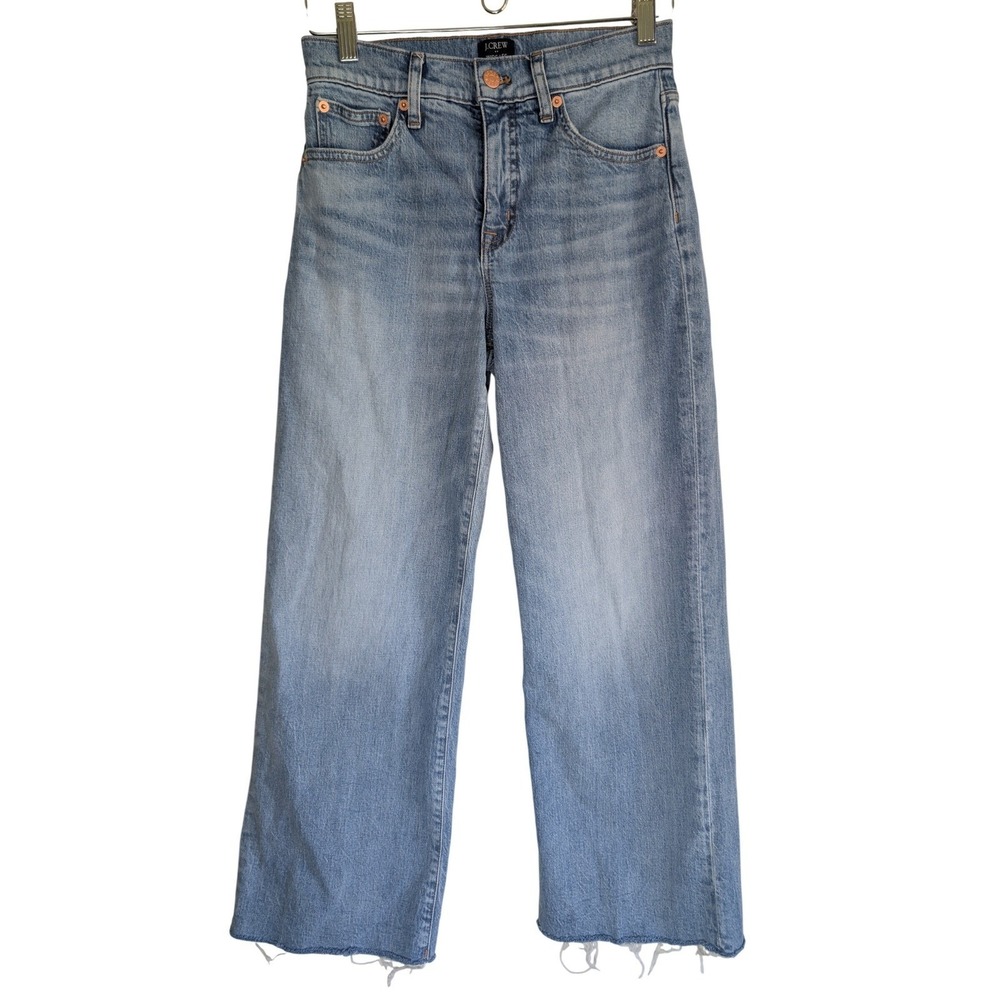 J.Crew Wide-Leg Crop Jeans Womens Sz 25 Light Wash Denim Raw Hem Minimalist Boho